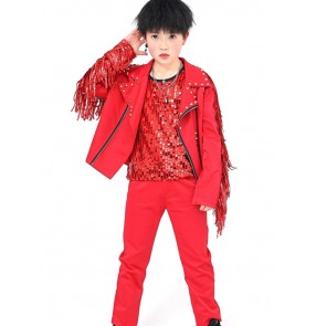 Boy red fringes rivet jazz dance costumes kids children street hiphop dance outfits drummer singers rap dance host stage performance jacket pants vests