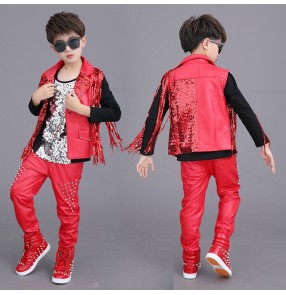 Boy red pu leather rivet jazz dance costumes hiphop gogo dancers host singers model show performance outfits costumi di danza jazz ragazzo