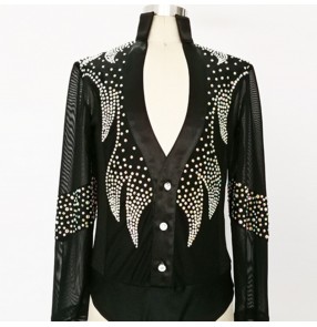 Boy rhinestones competition latin ballroom competition dance body shirts stage performance salsa chacha dance tops bodysuits