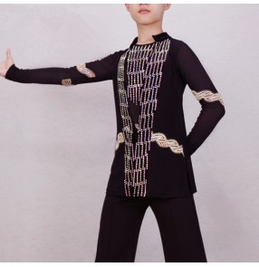 Boy rhinestones competition latin dance shirts ballroom dancing tops shirts with bodysuit