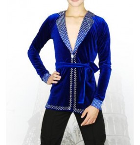 Boy royal blue competition latin shirts kids velvet diamond long sleeves latin dance shirts ballroom dancing tops blazers shirts