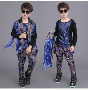 Boy royal blue sequins jazz dance costumes hiphop gogo dancers street dance model performance singer host blazer t shirt and pants