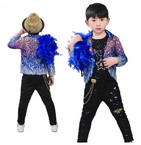 Boy royal blue sequins modern dance jazz dance outfits kids children modern dj hiphop street dance tops and pants costumes