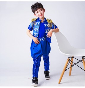 Boy Royal blue squin hiphop jazz dance outfits model show stage performance host singers mdel show drummer tops and pants