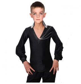 Boy's black latin dance shirts rhinestones ballroom dance shirts for kids children stage performance long sleeves black latin dance tops 