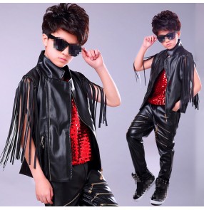 Boy's black leather hiphop jazz dance costumes street drmmer model show performance costumes modern dance outfits jacket and pants and vest