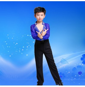 Boy's black royal blue latin dance shirts and pants competition ballroom stage performance rhinestones outfits for kids children latin shirts and pants