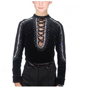 Boy's black velvet Latin dance clothing competition rhinestones Latin dance tops children's performance clothing boys performance clothing kids ballroom standard dance clothing