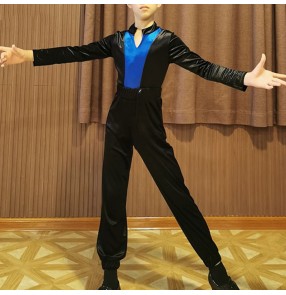 Boy's Black with blue velvet latin dance shirts and pants ballroom dance tops stage performance chacha dance tops and pants latin dance costumes