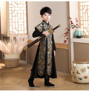 Boy's black with gold drangon chinese traditional folk costume hanfu film drama han tang ming qing swordsman prince performance cosplay robe for kids
