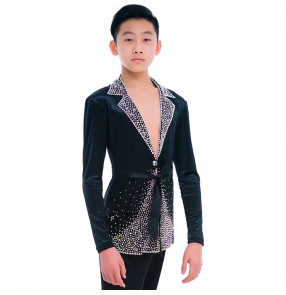 Boy's competition ballroom latin dance diamond shirts black color professional stage performance velvet samba salsa latin chacha rumba dance tops lapel collar blazers