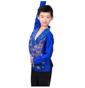 Boy's competition lace ballroom latin dance tops shirts modern dance stage performance rumba chacha salsa dance shirts tops