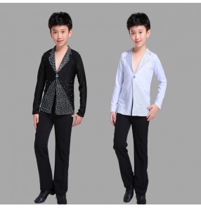 Boy's competition latin ballroom dance shirts and pants kids children black and white colored modern dance chacha salsa dance sets costumes shirts