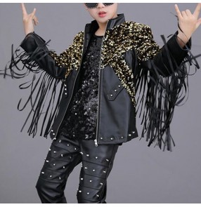 Boy's fringes white black leather jazz dance jackets host movie film cosplay singers drummer model show performance coats