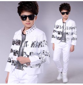 Boy's jazz dance costumes children white modern dance street hiphop model show gogo dancers singers host drummer stage performance competition outfits
