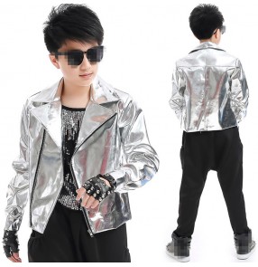 Boy's jazz dance costumes silver fashion drummer hiphop street modern dance stage performance jacket and pants and vest outfits