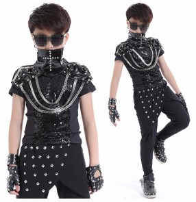 Boy's jazz dance modern dance hiphop dance costumes kids rivet stage drummer performance model show singers gogo dancers vest and pants