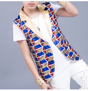 Boy 's jazz dance modern dance waistcoats rainbow paillette with lapel collar kids children stage show drummer performance vests