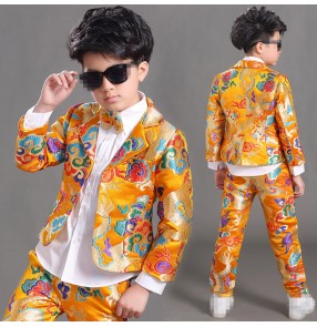 Boy's jazz dance outfits gold dragon Chinese embroidered style tang suit for kids model show host chorus stage performance jacket and pants and shirts