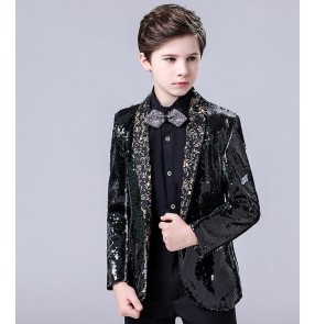 Boy's jazz dance sequins glitter blazers coat chorus singers host stage performance coats for kids flower boys party show piano performance jacket for children