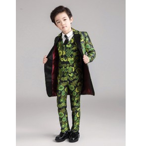 Boy's jazz piano show performance costumes green floral wedding flower boys blazer and pants and waistcoats