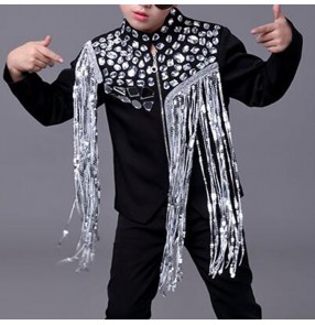 Boy's jazz street modern dance jackets street hiphop singers dance black rhinestones lens competition drummer stage performance fringes short coats