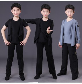 Boy's kids grey black latin dance costumes shirts and pants salsa rumba ballroom chacha dance shirts and pants