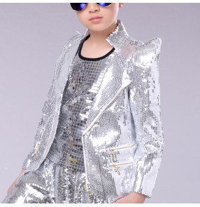 Boy's kids red silver sequin jazz dance coats hiphop host singers hiphop street dance blazers drummer model show performance jackets