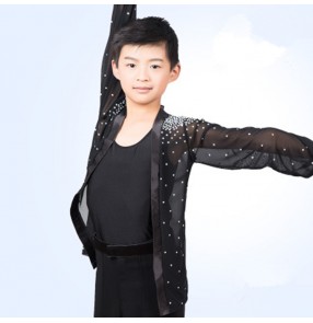 Boy's latin ballroom dance mesh shirts children kids black stones tops open flying rumba chacha modern dance cardigans