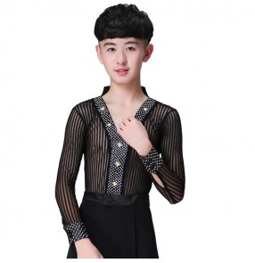 Boy's latin dance body shirts rhinestones v neck kids black colored striped stage performance salsa rumba chacha modern dance body tops 