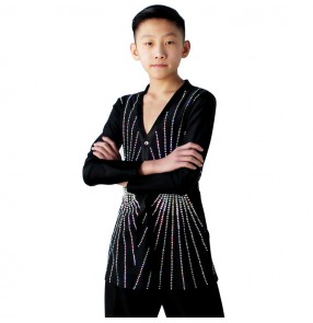 Boy's latin dance shirts children kids black color diamond ballroom modern dance competition professional stage performance salsa rumba chacha dance tops 