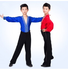 Boy's latin dance tops shirts kids children stage performance professional royal blue red rhinestones competition dance shirts