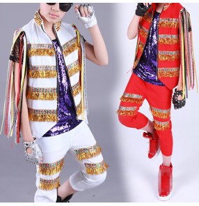 Boy's modern jazz hiphop street dance costumes Kids children paillette red gold white show drummer performance clothes dance wear outfits