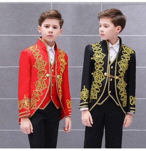 Boy's red black embroidered stage performance European palace cosplay suits kids children court drama prince charming costumes top and pants shirt vest