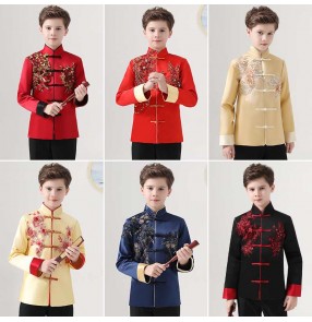 Boy's  red gold chinese Tang suit boy dress shirt Chinese tunic suit poetry recitation Chinese culture performance clothing chorus jackets for boy