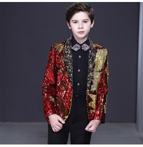 Boy's red with gold sequins jazz dance blazers host singers chorus performance coats model show catwalk suits flower boys piano performance coats for kids