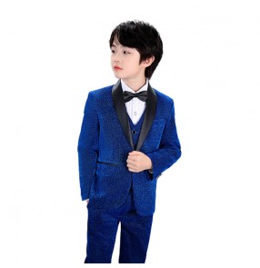 Boy's royal blue singers host performance dress suit glitter flowers boys vest three-piece coat vest and pants stage catwalk piano show birthday party suit