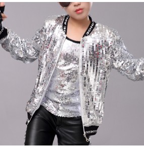 Boy sequin gold silver bling jazz rap dance jackets kids children hiphop street dance coats singers host stage performance modern dance coats