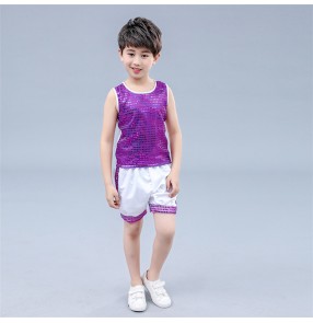 Boy sequin jazz dance costumes children drummer modern dance stage dj ds school competition hiphop dance outfits tops and shorts