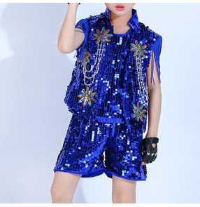 Boy sequin jazz dance costumes gold silver royal blue paillette street hiphop drummer stage performance costumes outfits