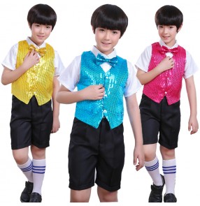 Boy sequin jazz dance costumes kindergarten school modern dance singers host chorus stage performance outfits vest and shirt pants