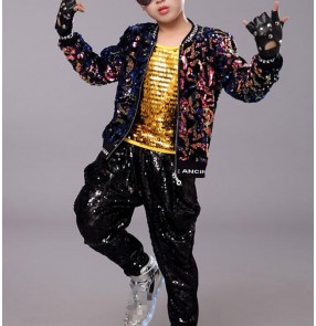 Boy sequins jazz dance costumes model modern dance street hiphop dance outfits rap singers gogo dancers drummer performance coat and pants