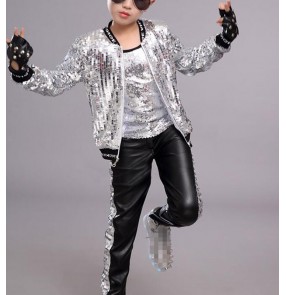 Boy silver gold sequin jazz dance costumes kids hiphop gogo dancers drummer host stage performance singers rap dance tops and pants 