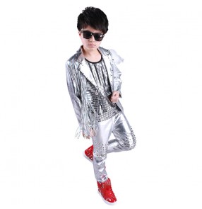 Boy silver rivet jazz dance costumes children hiphop dance outfits gogo dancers model show modern dance stage performance coats and pants