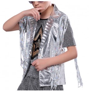 Boy silver sequin fringe jazz dance vest kids children stage performance hiphop dance waistcoats