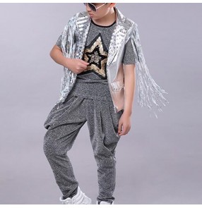 Boy silver sequin jazz dance hiphop dance costumes street drummer model show stage performance ds dj tops and harem pants