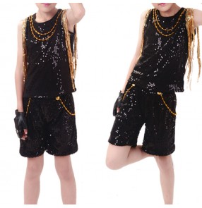 Boy street dance jazz dance costumes paillette kids children modern dance rap hip hop singers cheer leaders show performance tops and shorts