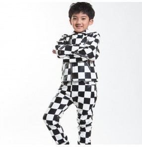 Boy street  modern dance outfits leather England style black and white plaid drummer singer stage performance competition jacket and pants