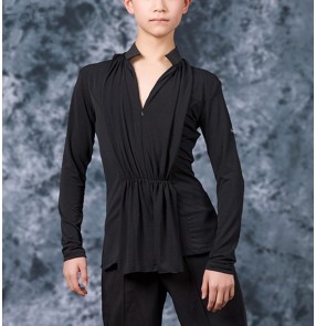 Boy v neck black latin dance shirts for kids ballroom latin stage performance tops shirts