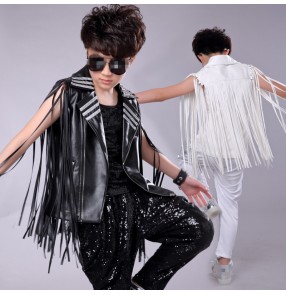 Boy white leagher fringes jazz dance hiphop costumes street dance drummer model show stage performance tops vests and pants